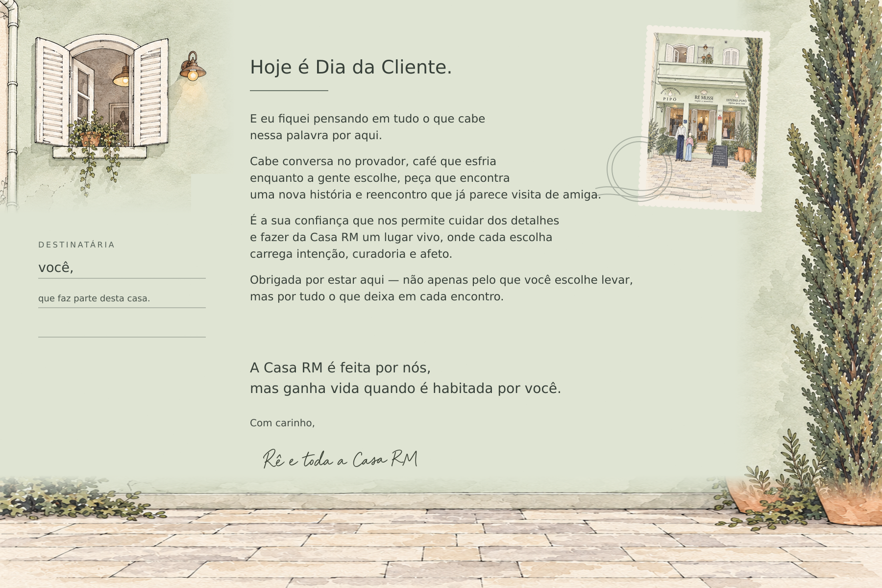 Verso do postal com uma mensagem carinhosa para as clientes da Casa RM.